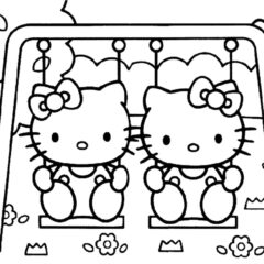 Hello Kitty and Mimi are riding on a swing.