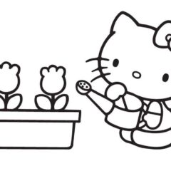 Hello Kitty watering flowers