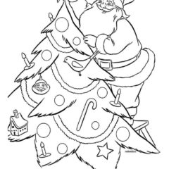 Santa Claus decorates the Christmas tree