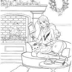Barbie reading a book by the fireplace