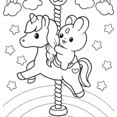 Cute bunny and unicorn on a circus carousel
