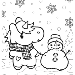 Cute unicorn holding hands with snowman