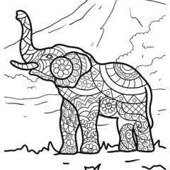 Elephant mandala stands against a mountain backdrop