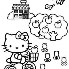 Hello Kitty on a bicycle in the garden