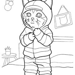 Kitten in pants and a jacket with a hood
