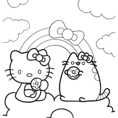 Kitty and Pusheen eating a donut on the clouds