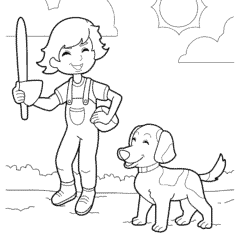 Little boy playing with dog in the sun