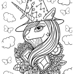 Magical unicorn in a witch hat and with gems