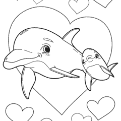 Mom and baby dolphin with love hearts