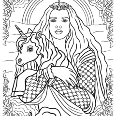 Mythical fairy with a little unicorn in her arms