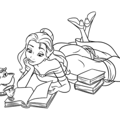 Princess Belle reads a book with Chip and Madame Potts