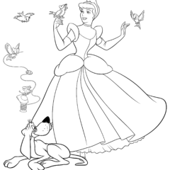 Princess Cinderella, dog Bruno and birds