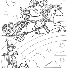 Santa riding a unicorn with an elf