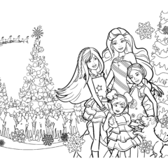 Skipper, Chelsea, Stacey and Barbie at the Christmas tree