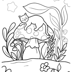 The cat sleeps on a big mushroom