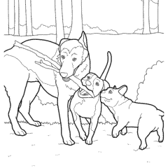 Three dogs playing with a big stick