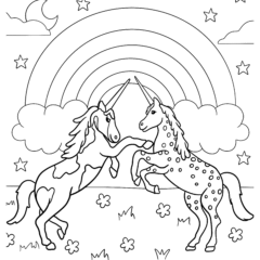 Two unicorns playing on a rainbow field