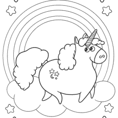 Unicorn with a fluffy tail on a rainbow