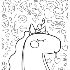 Unicorn with coffee ice cream, donuts and flowers